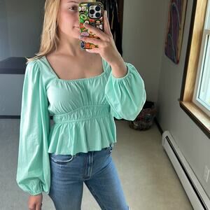 asos: Square Neck Mint Cropped Long Sleeve Blouse